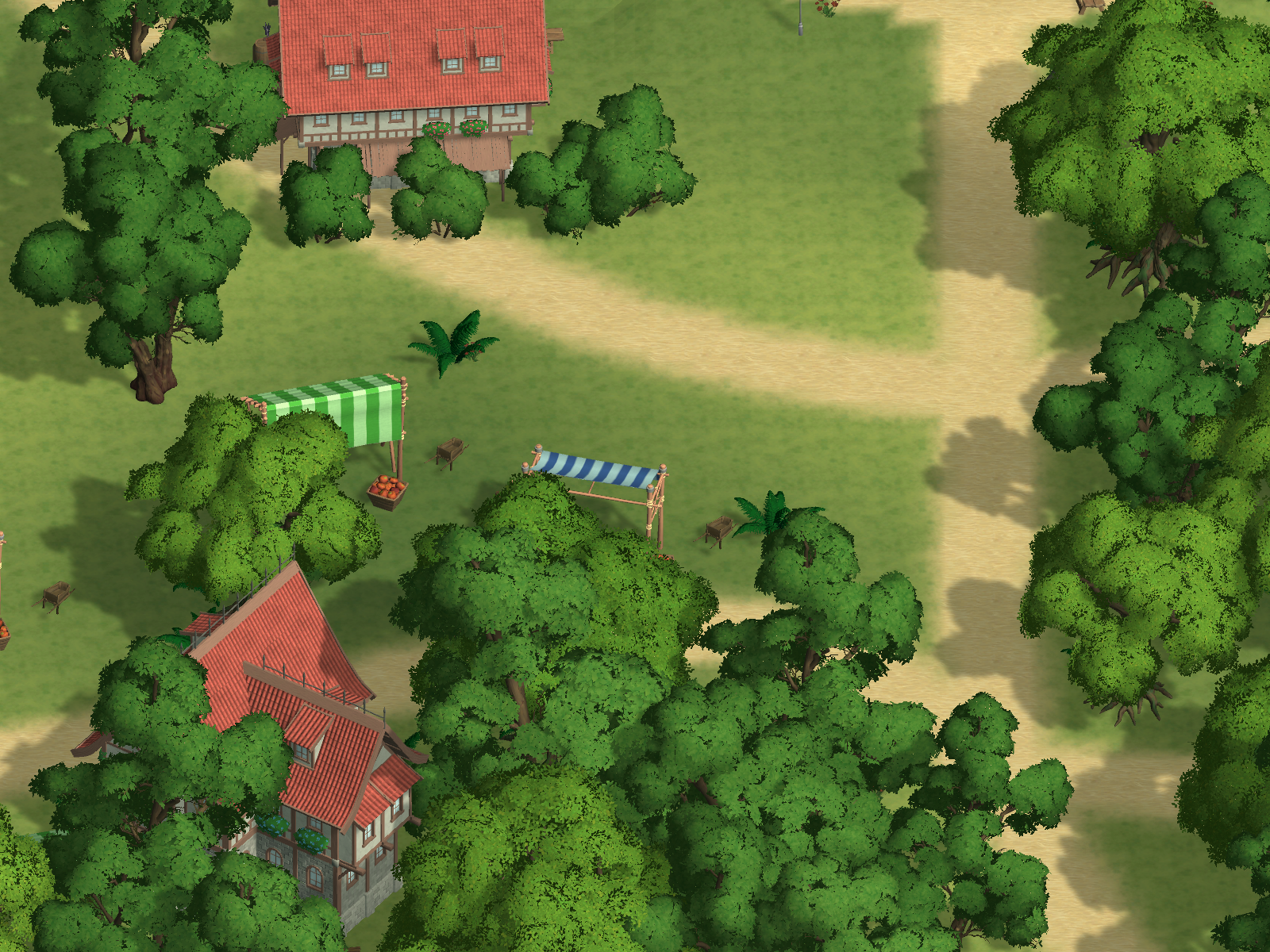 ถนนและบ้านท่ามกลางต้นไม้ในเมือง Luna จากเกม Arcane Online